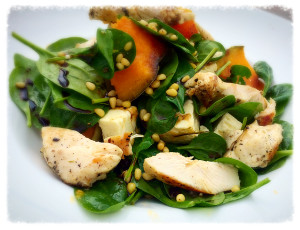 Low FODMAP Spinach Salad with Chicken, Pumpkin with Toasted Pine Nuts