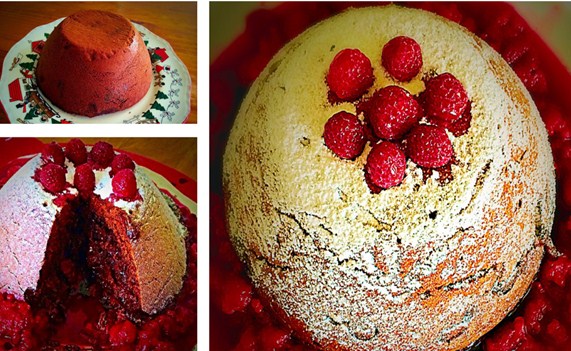 Chocolate Christmas Pudding with Raspberries Sauce
