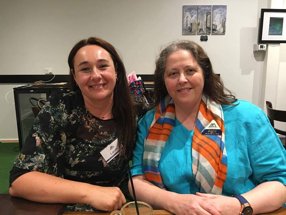 Larah with her podcast guest Aghi